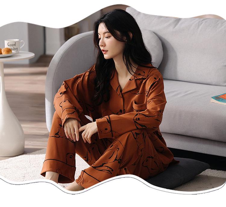 Women's Cute Cartoon Loose-Fit Pajamas Set - Pure Cotton Long Sleeve, Korean Style, Plus Size, Versatile for Indoor & Outdoor Wear.