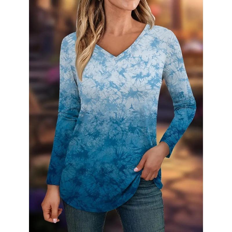 Spring and Autumn Casual Versatile Color Gradient V-neck Long Sleeved Top Women's T-shirts