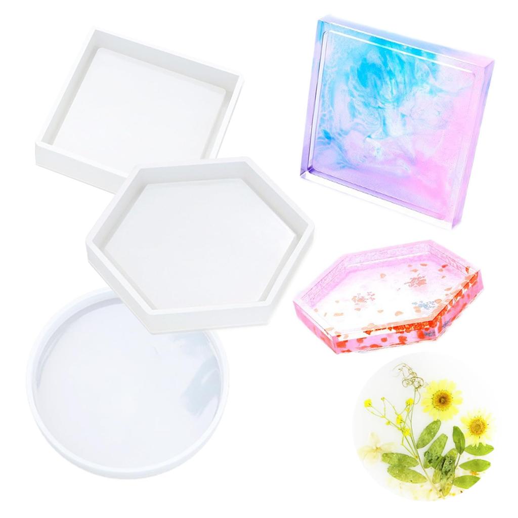 wowjimi Silicone Molds, Set of 3, Coaster, Epoxy Resin, Resin Crafts, DIY, Handmade, Clay, UV Resin, Easy Release, Gift (Round + Square + Hexagon)