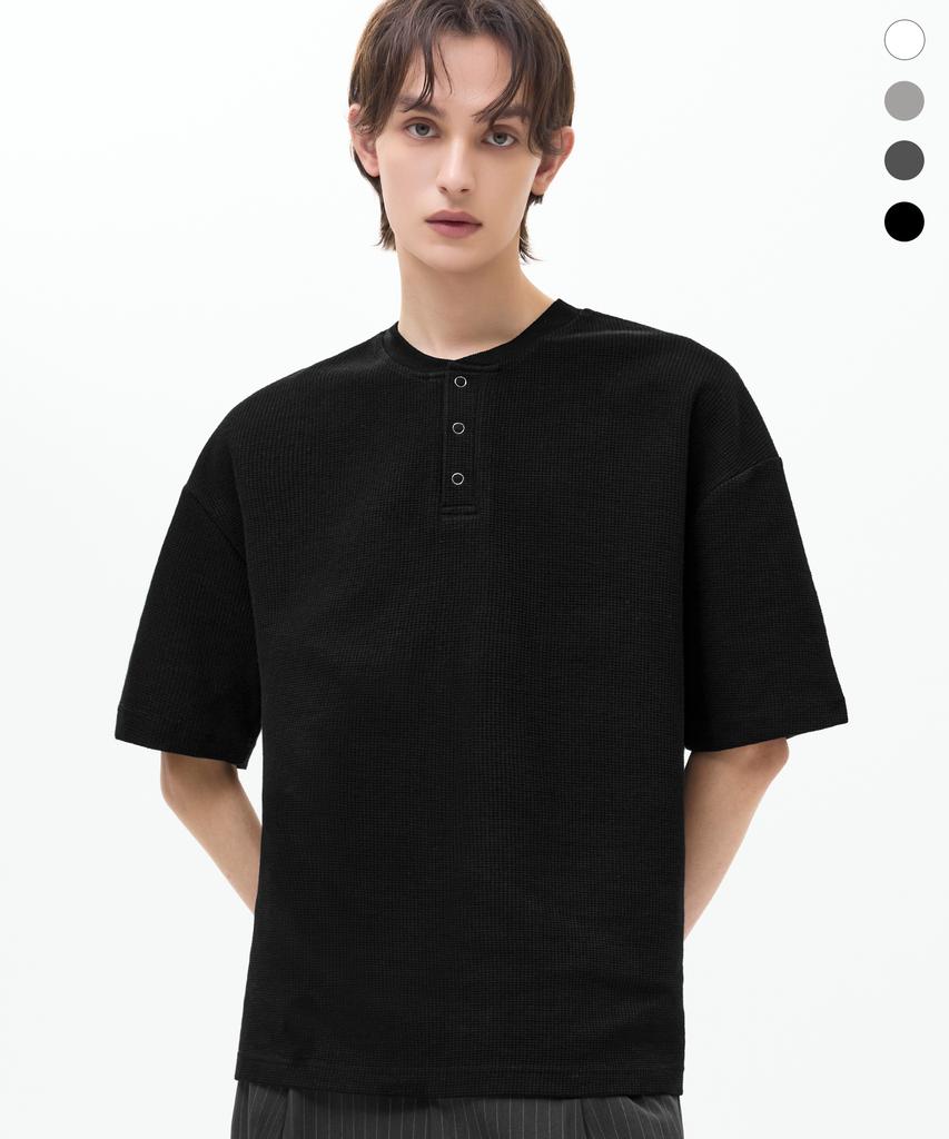 TRILLION Waffle Ring Snap Henley Neck Half Sleeve_4Color