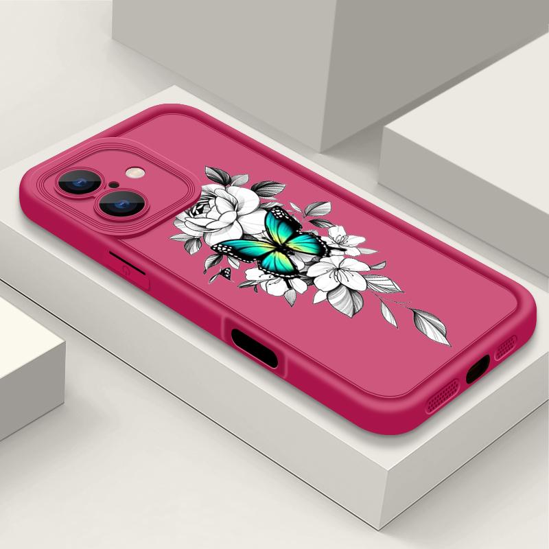 Coque Antichoc à Motif Floral Papillon Pour iPhone 16 Pro Max 15 Plus 14 Pro 13 12 11 XS XR 8 7 TPU Souple Mat Silicone Coque de Téléphone