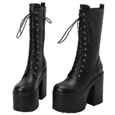 Sexy Plateau Damen Mid-Calf Stiefel Winter Stripper Gothic Punk Absätze Stiefel Für Frauen Schnürstiefel Schwarz Weiß Fetisch Schuhe Große Größe
