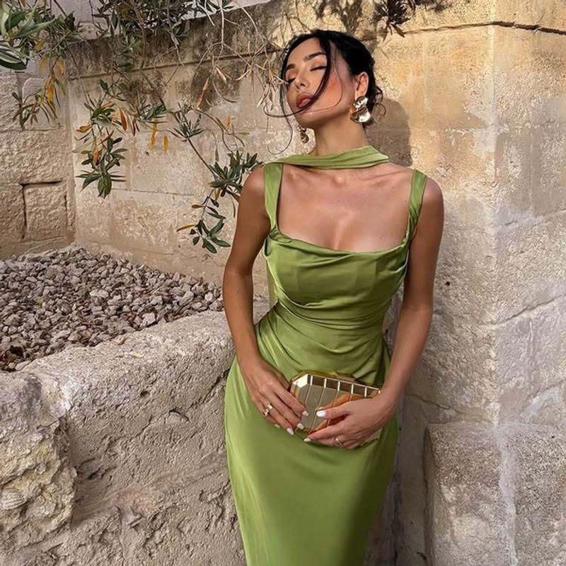 European and American Style Sleeveless Green Satin Backless Dress with Tie-Up Skirt Maix Dress New