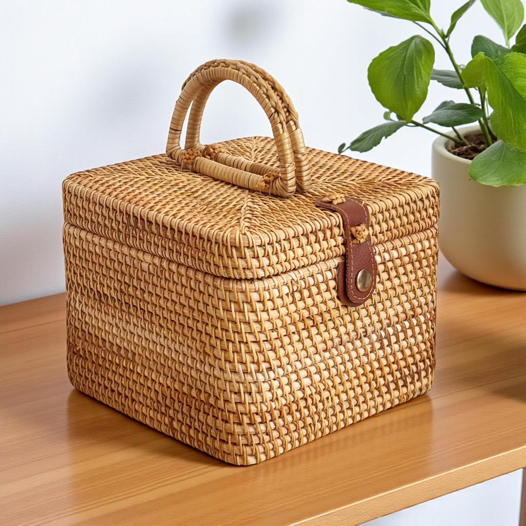 Rattan Basket with Lid, Picnic Basket, British Style, Square, Ata Bag, Storage Basket, Stylish Rattan Bag, Handmade in Vietnam, Natural Design,