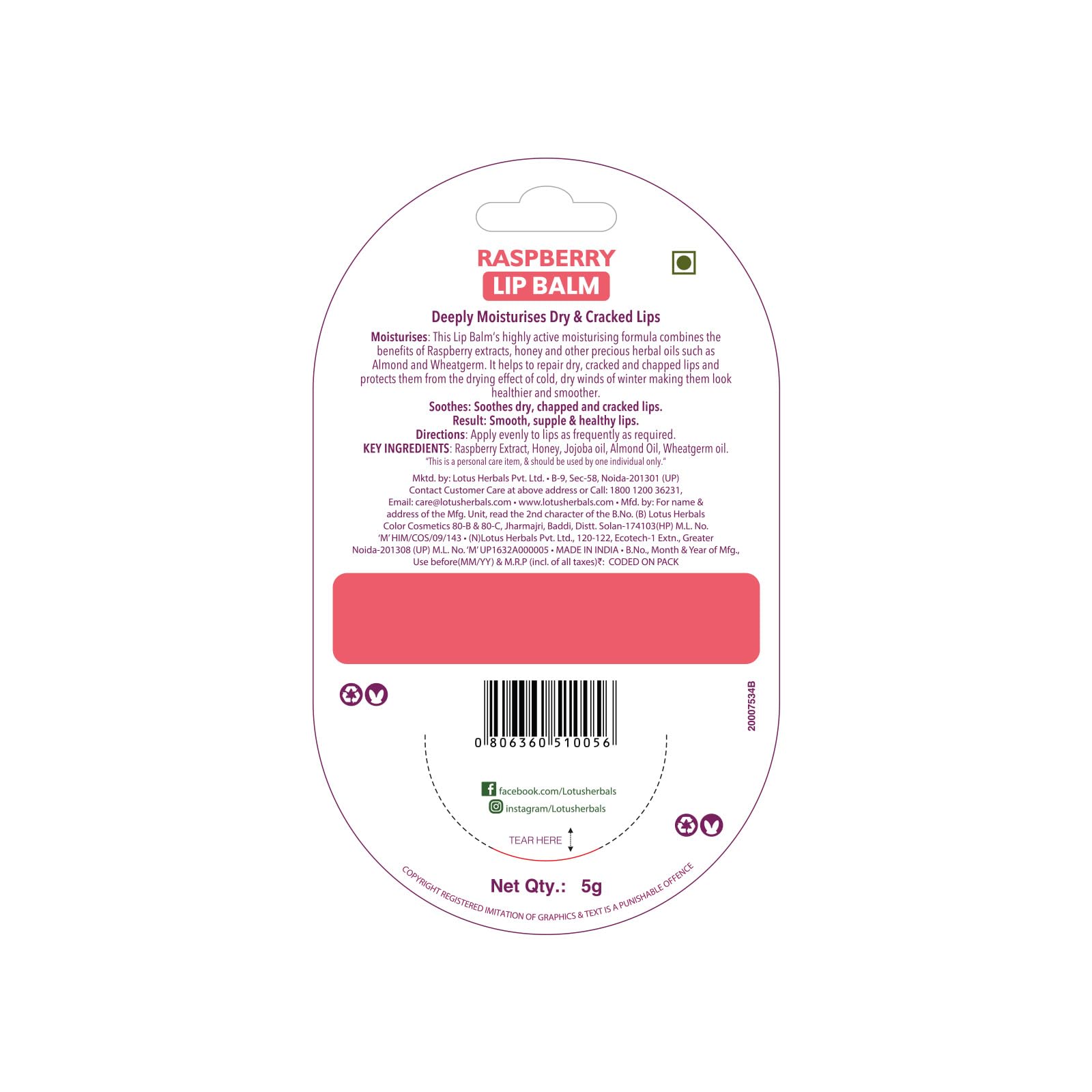 Lotus Herbals Lip Balm - Raspberry | For Dry & Cracked Lips | 5g