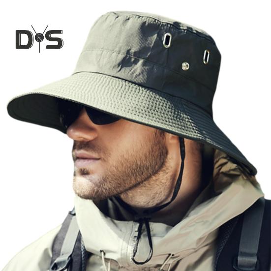 Men Summer Sun Hat Windproof Strap Wide Brim Anti-UV Sun Protection Foldable Portable Gardening Fishing Travel Cap Outdoor Fisherman Hat