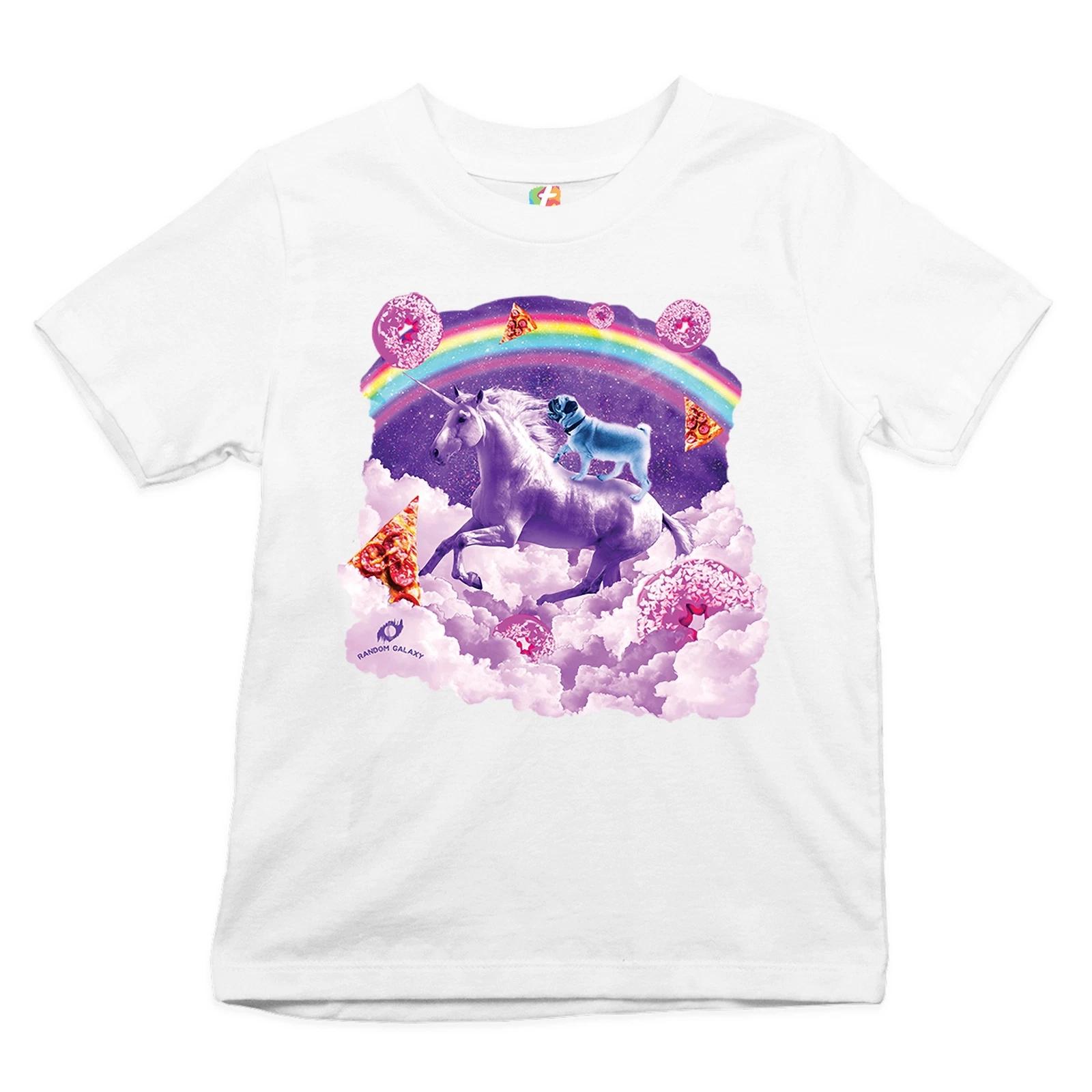 

Pug Riding a Unicorn in Clouds Youth kids boys T-Shirt Space Rainbow Trippy Donuts Kids 150