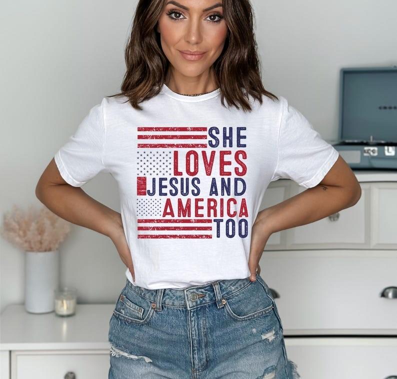 She Loves Jesus and America Too Shirt Christian 4th of July Tee Patriotic USA XL