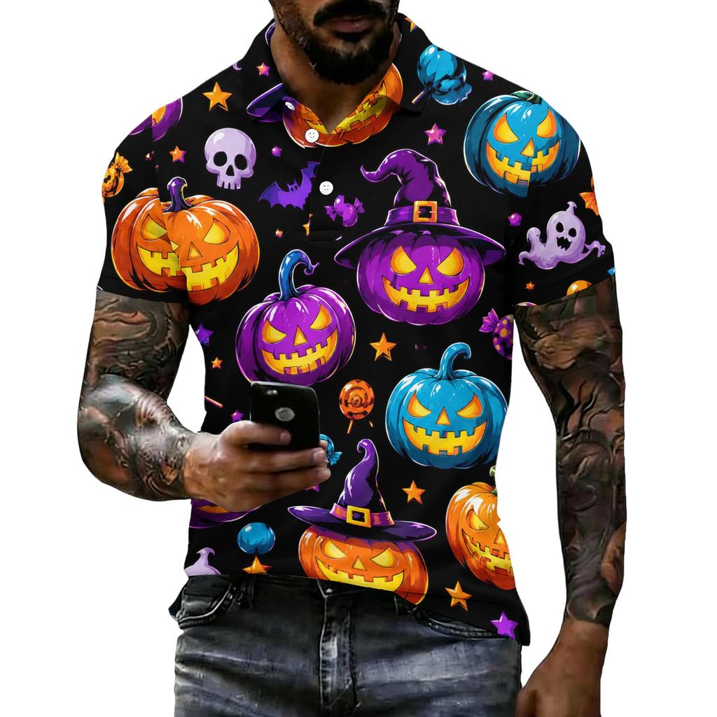 Unisex Loose Fit Casual Short Sleeve Polo Shirt with Halloween Themed Print for Everyday and Seasonal Wear