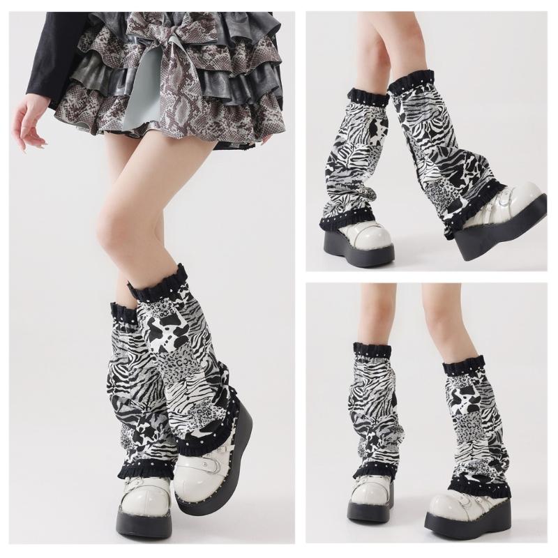 Punk Ruffled Trim Leg Warmers Subcultures Leopard Print Patchwork Denims Leg Cover Baggy Loose Flared Socks for Women