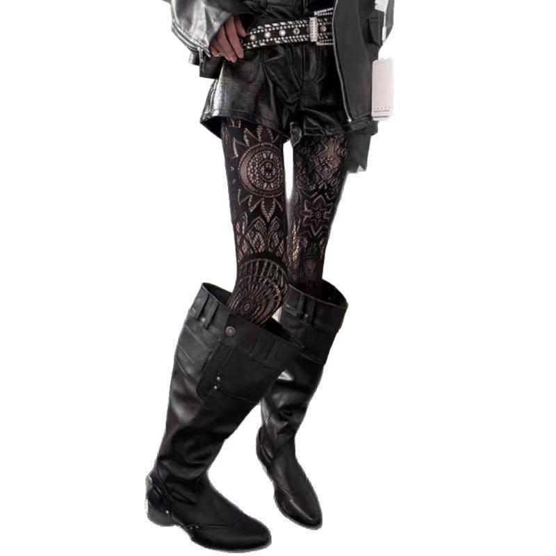 Sunflower Pattern Pantyhose Dark Night Gothic Wind Black Hollowed Jacquard Tights Stockings