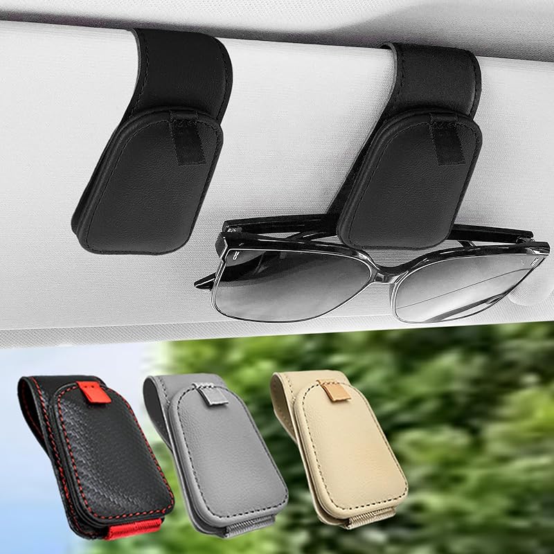 Sunglass Holder For Car, 2 Pack Car Sunglass Holder Visor Clip Magnetic Leather Sun Glasses Eyeglass Hanger, Fit For Different Size Eyeglasses,
