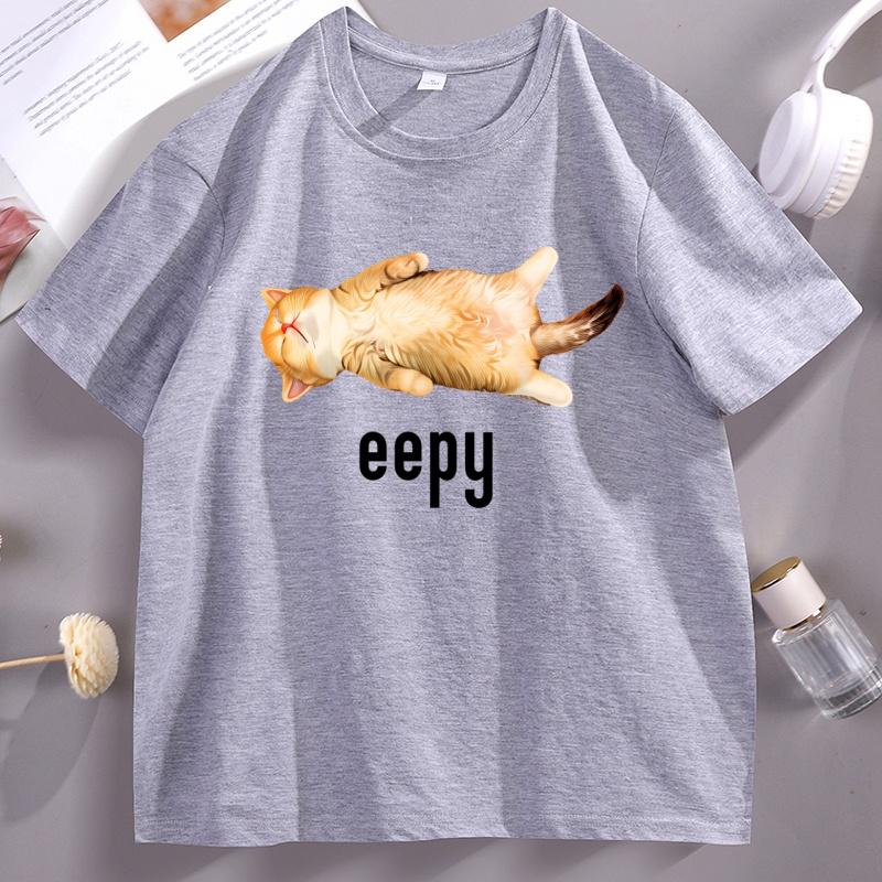 Eepy Cat Lustige Schläfrige Katze Meme T-Shirt Baumwolle Kurzarm Rundhals T-Shirt Lustige Katzenliebhaber Grafik-T-Shirts Personalisiertes T-Shirt