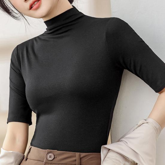 Letní topy Rolák Jednobarevný Polorukáv Slim Fit Hladké letní oblečení Ženy Strečová vrstva Pohodlné Top s vysokým výstřihem Denní nošení