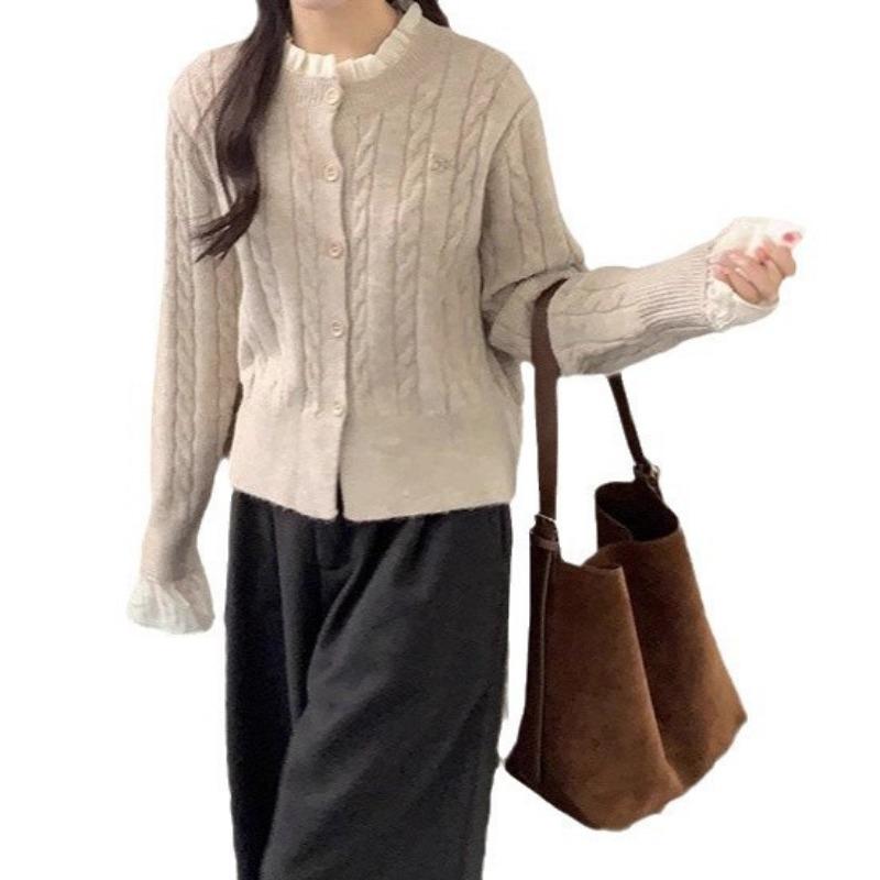 Autumn and winter new women's clothing tops fake two-piece sweaters women's long-sleeved crew neck versatile jacket twist knitted cardigan