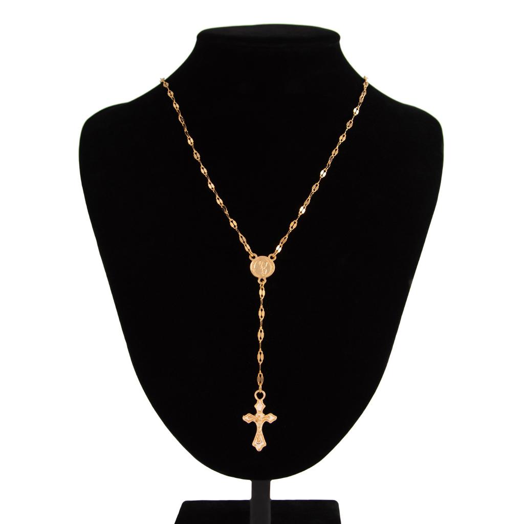 Fashion Sense Cross Alloy Pendant Necklace Gemstone Beaded Collar Chain