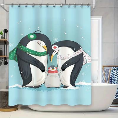Blauer Duschvorhang mit entzückender Pinguinfamilie für die Winter-Heimdekoration Wasserdichtes Polyestergewebe Perfekte Ergänzung für das Badezimmer