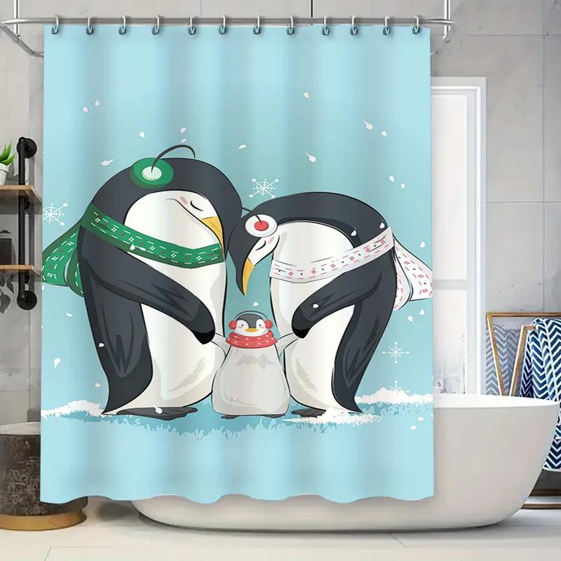 

Blue Shower Curtain With Adorable Penguin Family For Winter Home Decor Waterproof Polyester Fabric Perfect Addition To Bathroom W60H190(CM)-1 Pcs