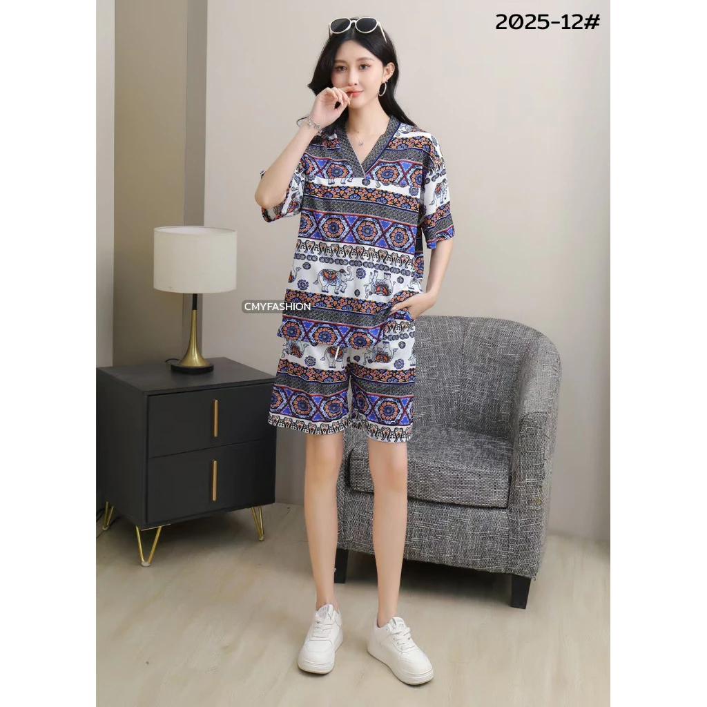 Elephant Pants Shorts Shirt Set V-neck Crop Top Short Sleeve Adjustable Elastic Waistband Strap Women Print Casual Boho Bohemian Retro Vintage