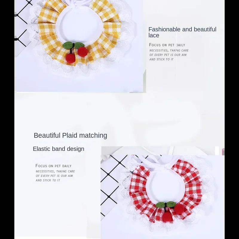 Modisches Kirsch-Halstuch für kleine Hunde, bedruckt, mit Spitze, Lätzchen, verstellbar, kariertes Halsband, Halskette