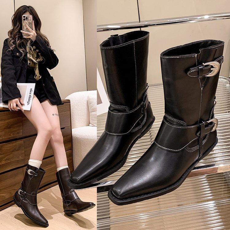 Fashion Womens Ankle Boots 2025 Autumn Fashion Belt Buckle Non-slip Soft Sole Square Toed Retro Fashion Short Boots Low-heel Botas Mujer