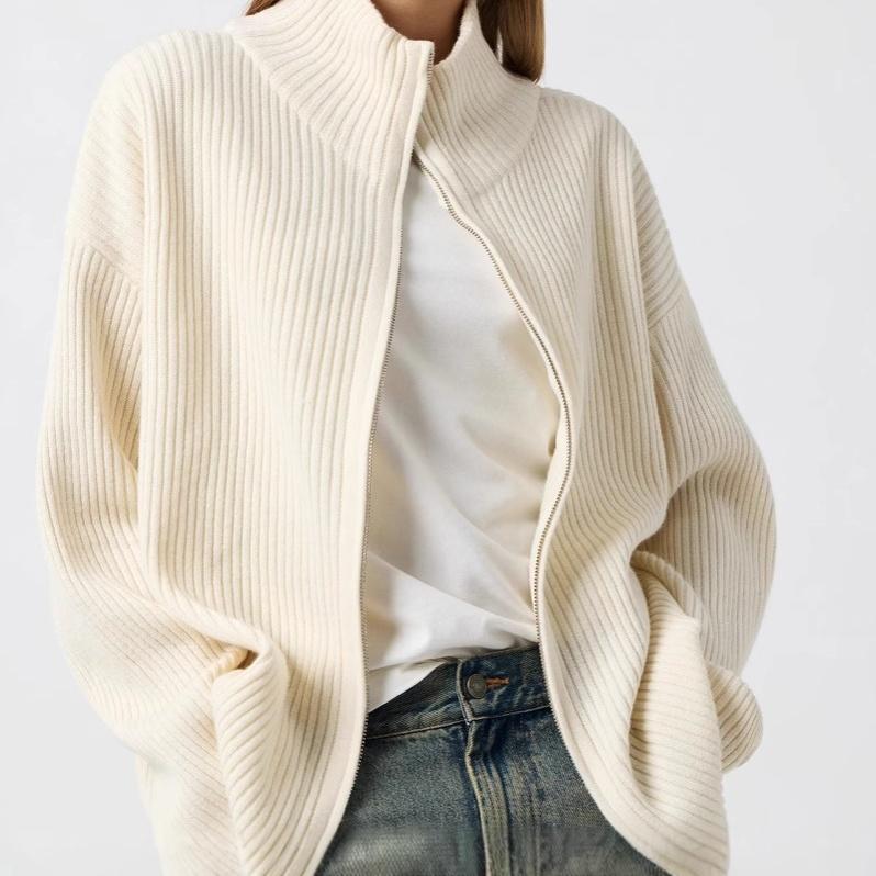 Qooth Женский кремовый кардиган с высоким воротником на молнии, вязаный, крупной вязки, с воротником-стойкой, пальто-свитер, осень-зима, для дома, QT2749 S