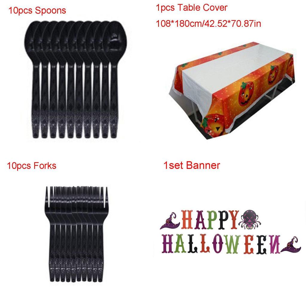 Halloween Party Happy Decoration Supplies Pumpkin Tablecover Straws Plates Paper