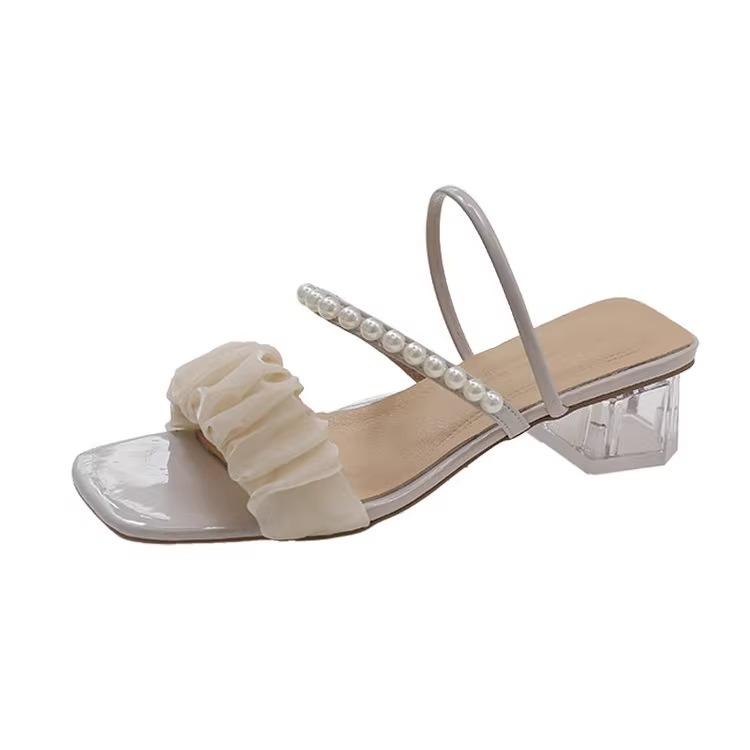 Internet celebrity fairy wind two wear sandals female summer 2025 new one word with pearl small fragrant wind thick heel medium heel slippers