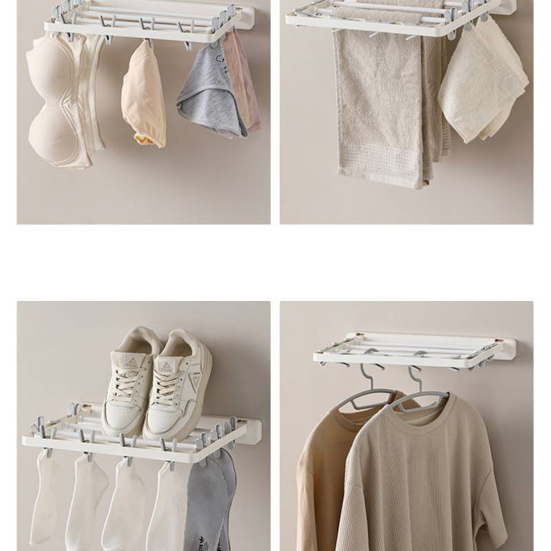 Wall Mount Folding Clothes Drying Rack With Clips For Indoor Laundry Storage