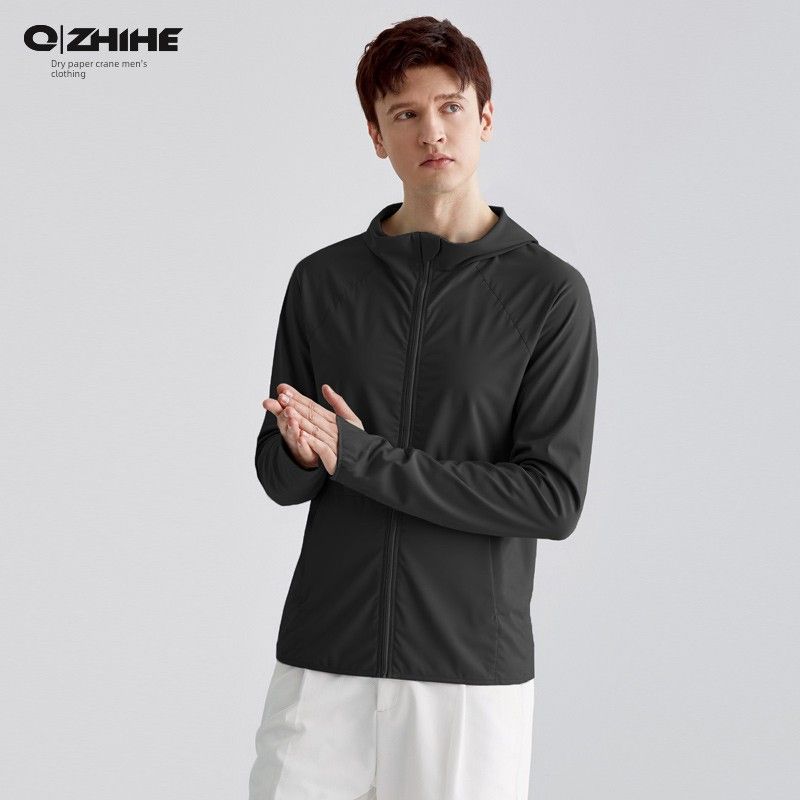 Paper Cranes Sun Protection Clothing for Men, Autumn Upf50+, Lightweight Ice Silk, Breathable, Quick-Drying, Hooded Long-Sleeve Top for Men 90525