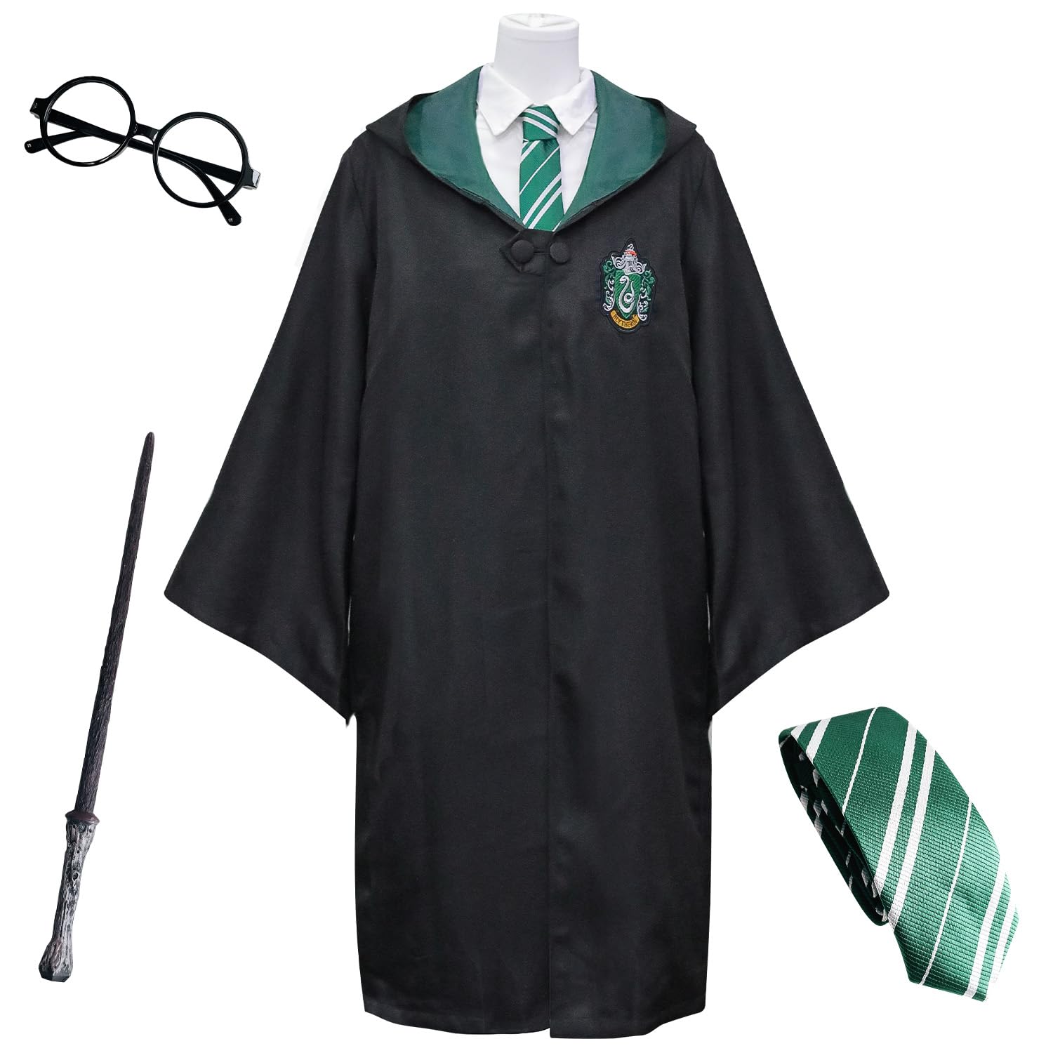 

Комплект костюма Гарри Поттера из 4 предметов (Платье, Очки, Галстук и Волшебная палочка), Унисекс, Размер XL, Слизерин, Зеленый