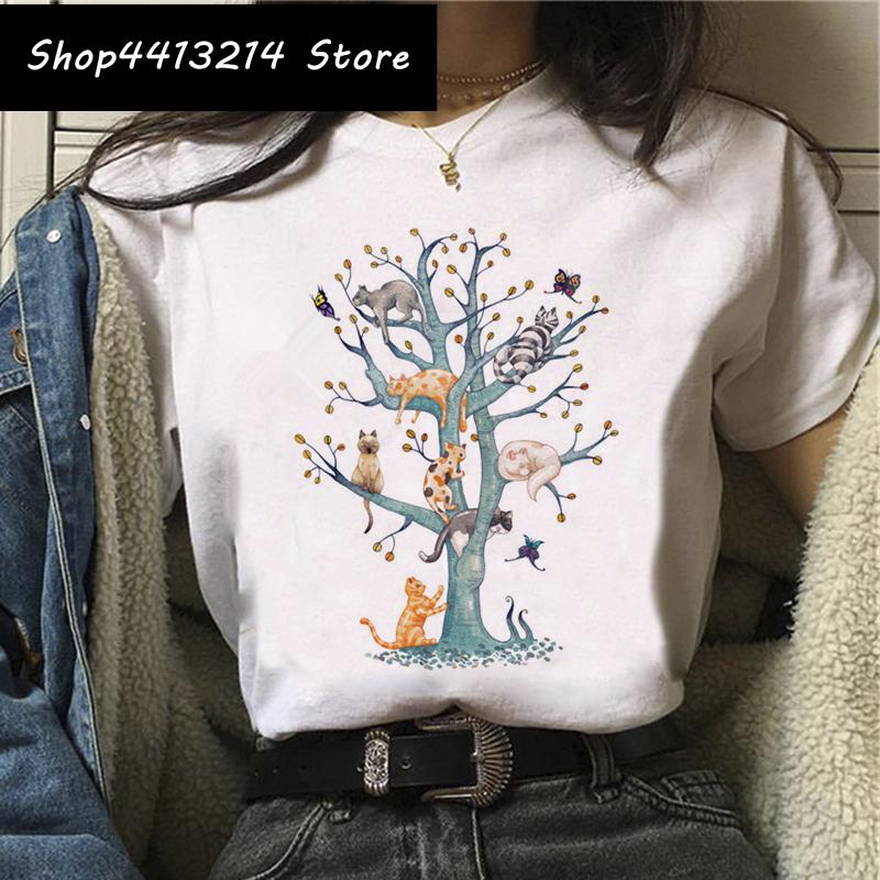 Cat Harajuku Funny Cartoon T Shirt Women Cute Anime Ullzang Tshirt Grunge Kawaii S Fashion Tshirt Korean Style Top Tee Female
