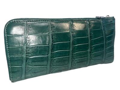 GUODI Genuine Crocodile Leather Matte Crocodile Long Wallet with L-Shaped Zipper, for Men and Women, W169L (Cyprus Green)