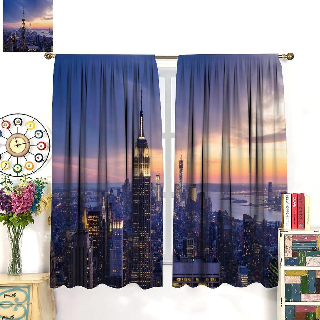 Modern Curtains, New York City Skyline with A Skyscrapers At The Night with Sunset American Urban Li for Living Rooms and Bedrooms Drapes 2 Panels