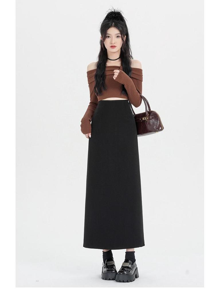 Women's Cashmere Wool Blend Midi Skirt - 2025 Autumn/Winter, Hip-Hugging A-Line with Back Vent
