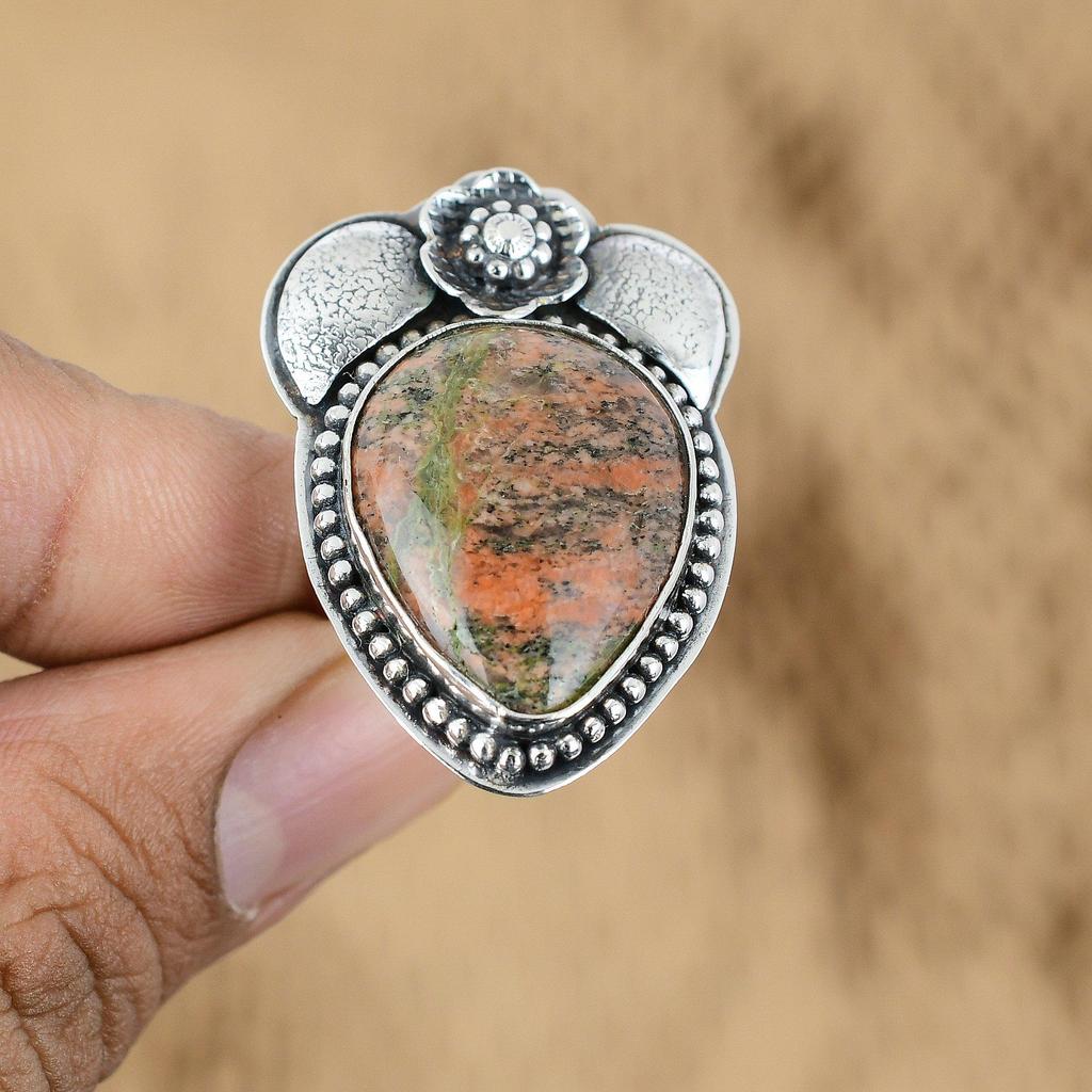 Natural Unakite Gemstone 925 Silver Multi Stone Flower Adjustable Ring For Girls