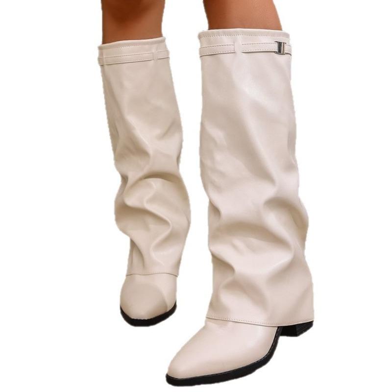 Damen Kniehohe Reitstiefel mit spitzer Zehenpartie, Hohe schwarze Stiefel mit Metallakzent, Modische Herbst-Winter-Schuhe