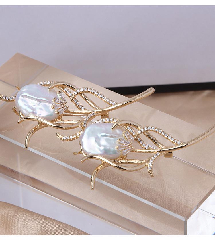 Vintage Floral Baroque Freshwater Pearl Brooch with Gold-Plated Copper and Zircon Accents