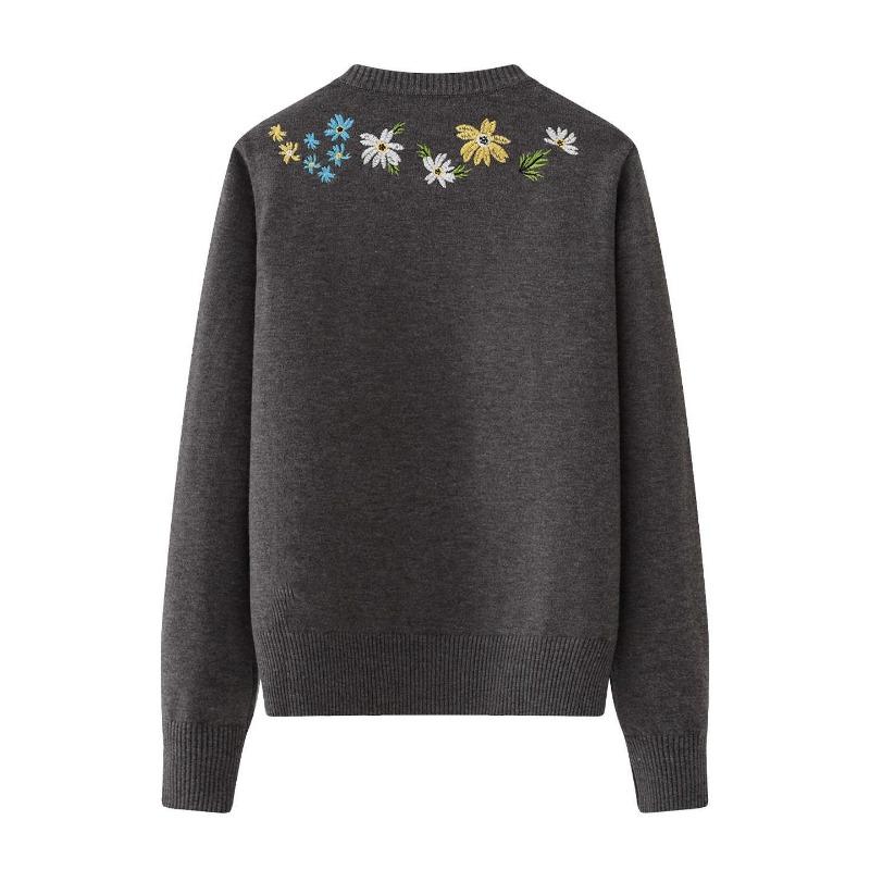 Autumn Winter Fashion Loose Embroidered Knitted Cardigan Sweater Women's Round Neck Coat Solid Color New Casual Long Sleeved Office Simple Clothing