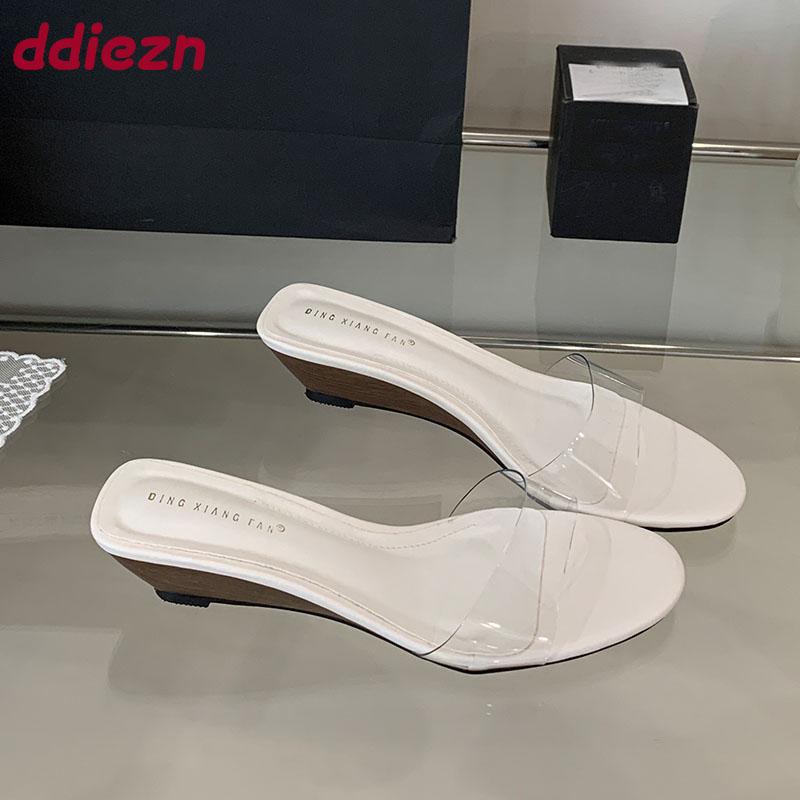 Fashion Fashion Transparent Women Wedges Slippers Female Slides Sandals Shoes Round Toe Footwear Ladies Heeled Slippers Wedges Shoes