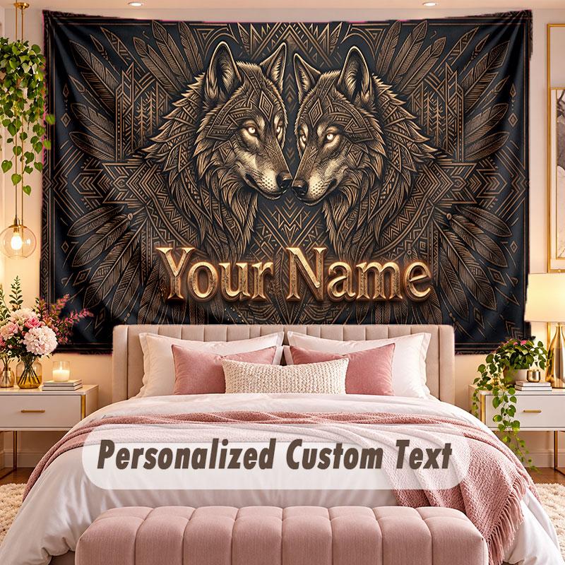 Wolf (275) Theme Wall Tapestry Customized With Name Text Personalized Hanging Tapestry For Bedroom Living Room Decor