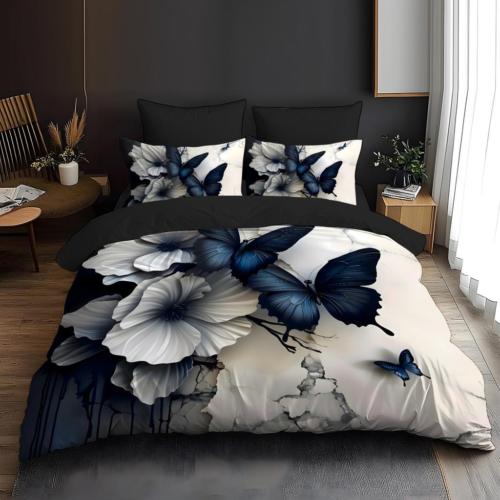 Beding Set Features a Warm And Minimalist Style featuring Buterflies And Floral Paterns Polyester Printed Soft with Soft Fabric Duvet Cover Set