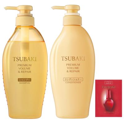 Tsubaki Ensemble Shampoo Après-Shampoing Bouteille + Bonus Volume Premium Réparation Huile Légère Force Souplesse Brillance Résilience Soin