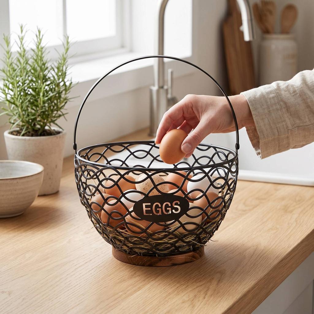 Egg Basket Multifunctional Wire Egg Collecting Basket with Wooden Base for Kitchen Countertop