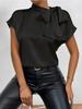Women Summer Minimalist Shirt Elegant Women's Satin Pink Short Sleeved Lace-up Bow Neck Casual Fitting Office Shirt