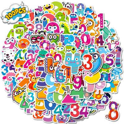 100 Fun Cartoon Arabic Numerals Waterproof Stickers Children's Enlightenment Stickers DIY Hand Account Decoration Stickers