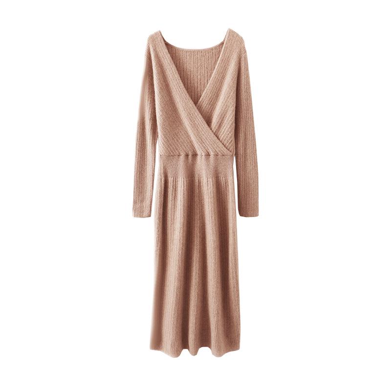 Women's 100% Pure Wool Mid-Length V-Neck Sweater Dress - Long Sleeve, Below Knee, Autumn/Winter Style