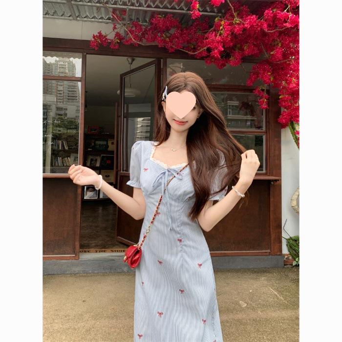 Fresh Stripe Bow Puff Sleeve Lace Patchwork A-line Summer Dress Extra Large