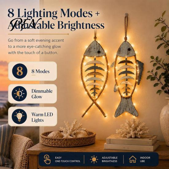 Wear Resistant Courtyard Pendant Wooden Fish Wall Hanging With/Without LED Light, Nautical Decor, Coastal Theme Fishbone Durable Fine Craftsmanship