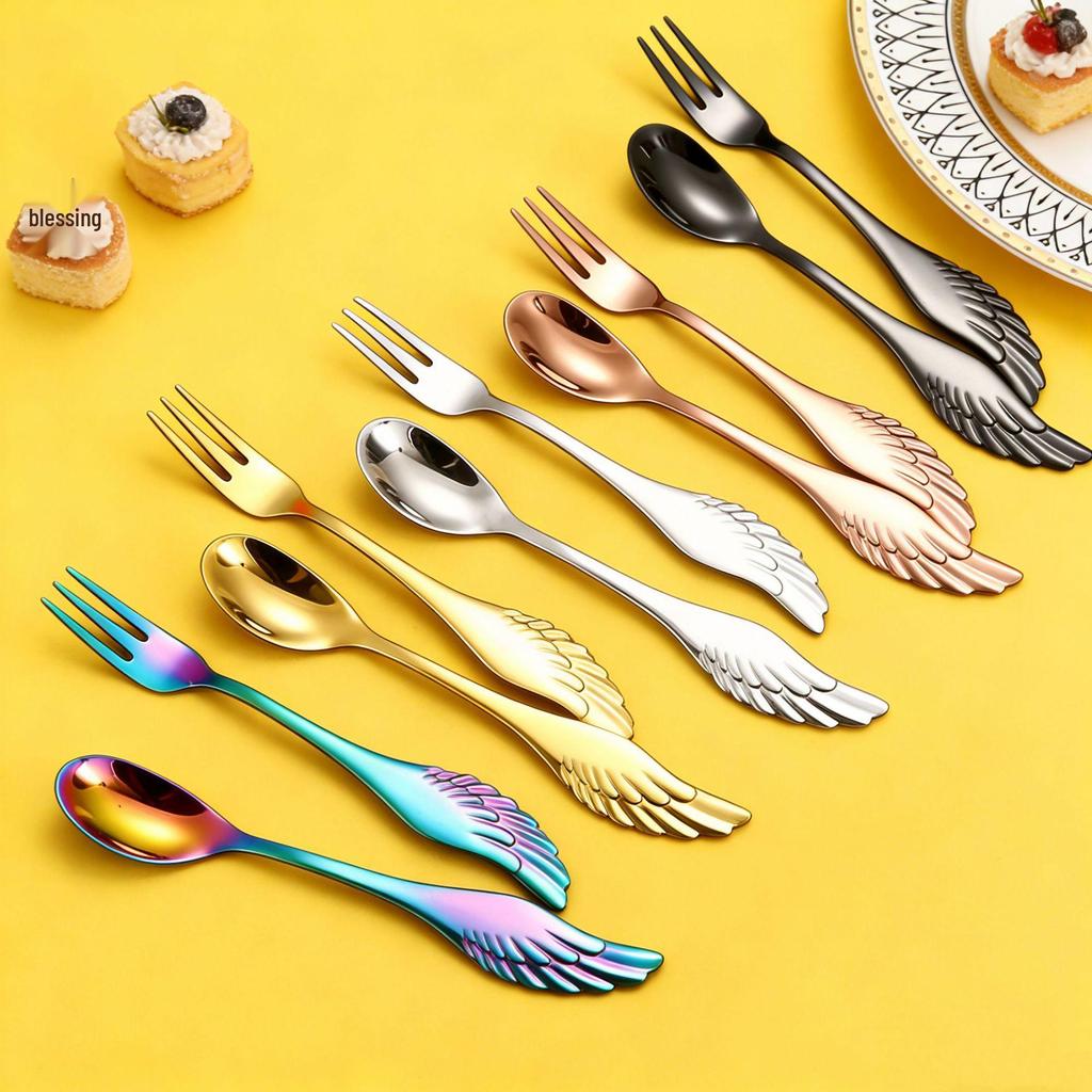 Creative 304 Stainless Steel Wing Spoon & Fork Set - 2-Piece for Dessert, Coffee & Hotels